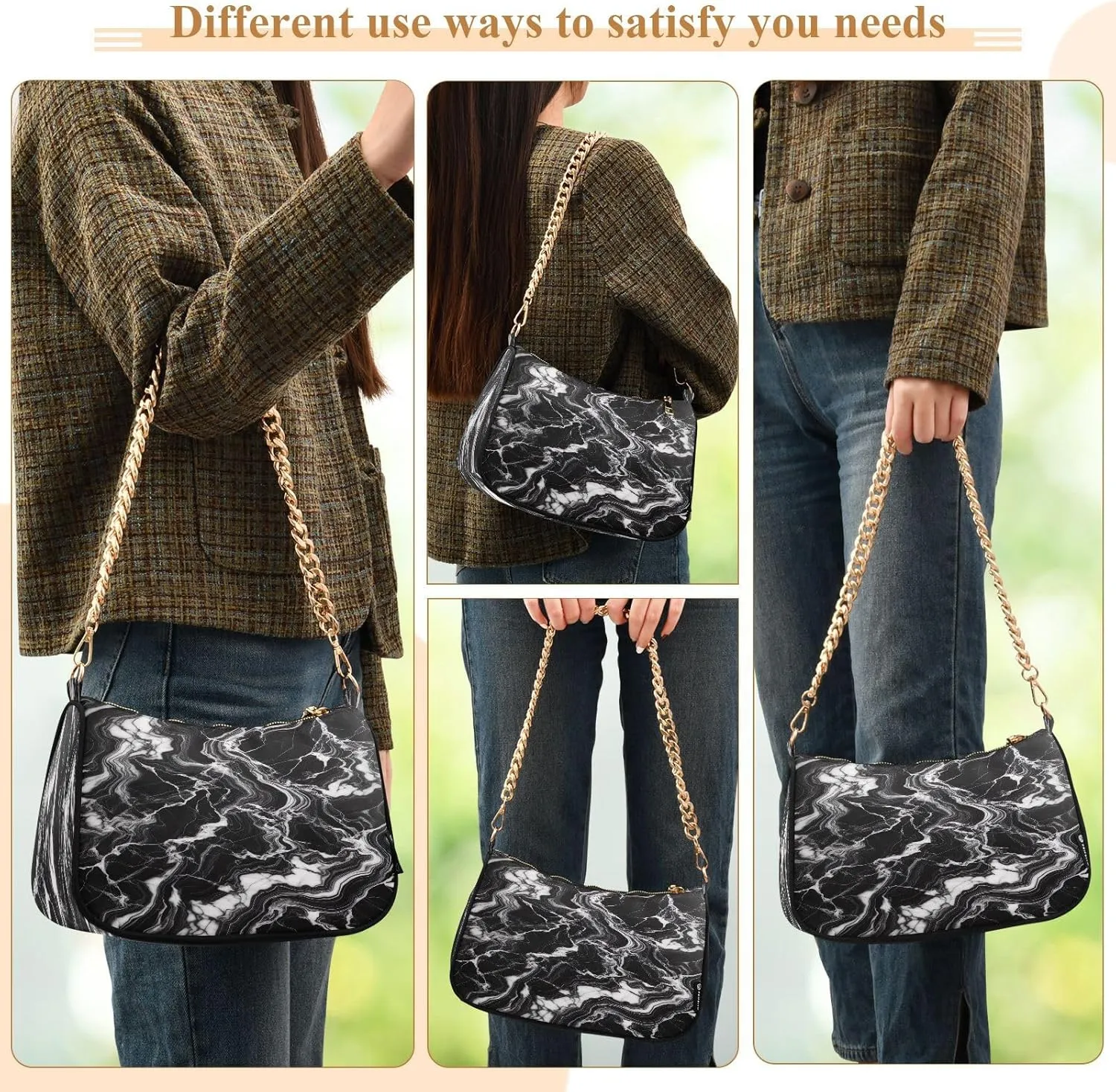 White Texture Black Small Shoulder Bag, Purse Trendy