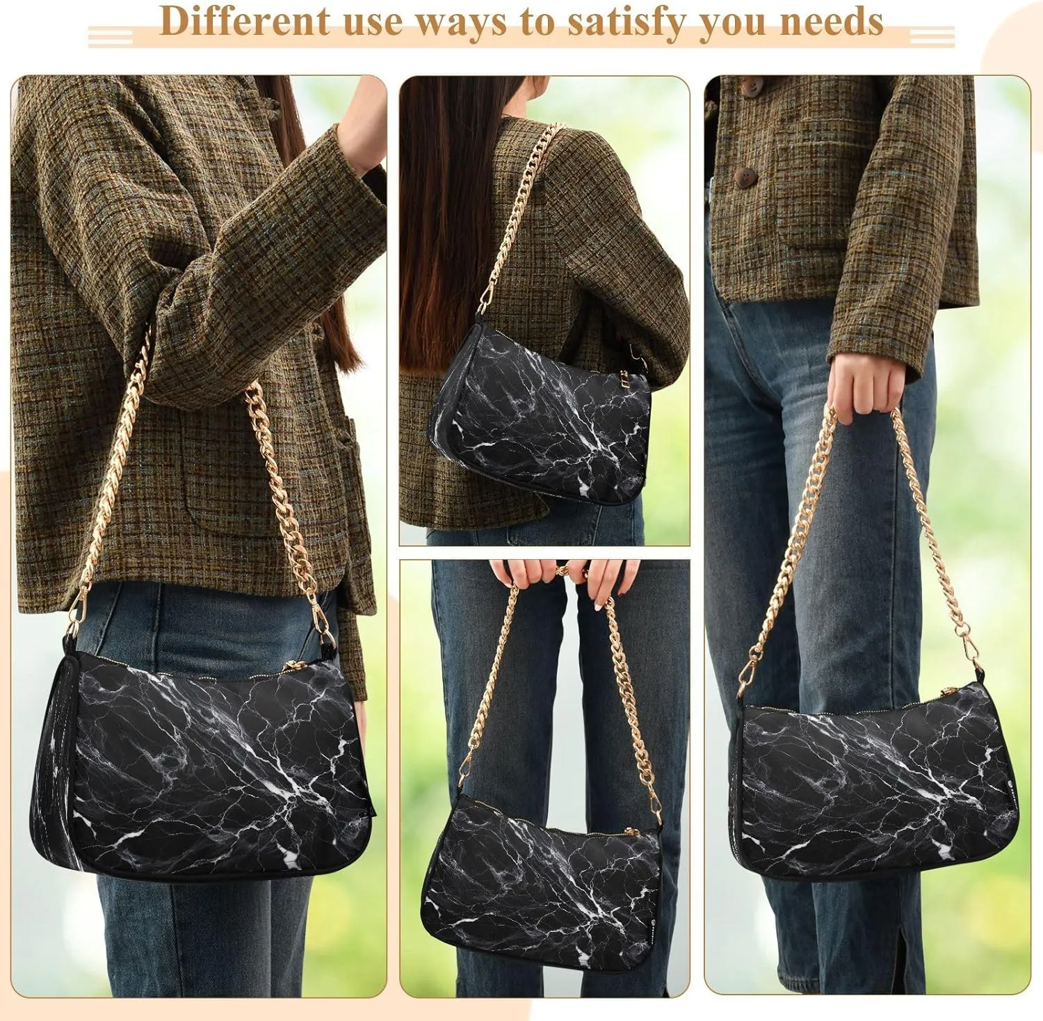 White Texture Black Small Shoulder Bag, Purse Trendy