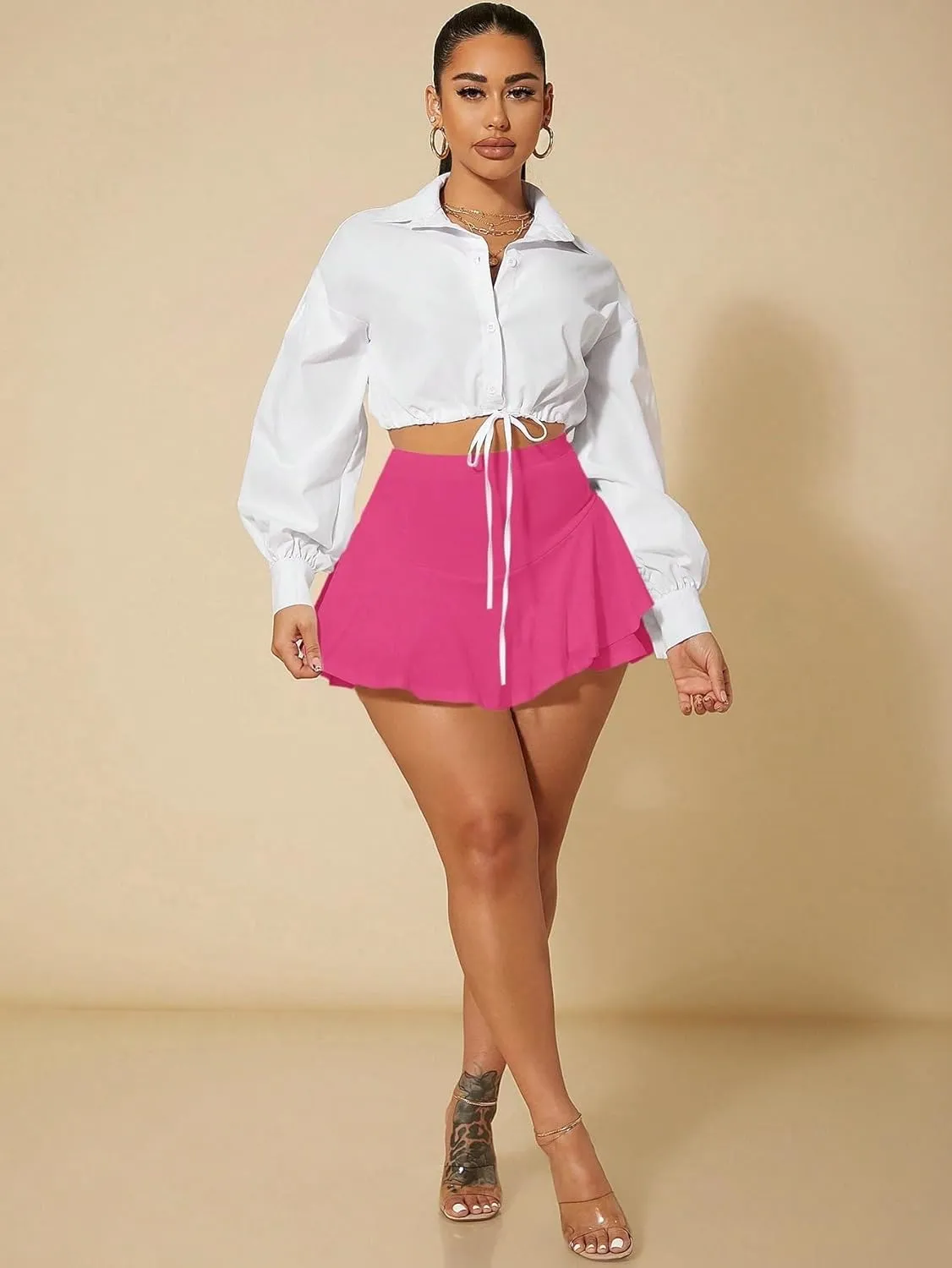 Women Summer Casual 2025 Fashion Trendy Skorts High Waist Ruffle Hem Skort