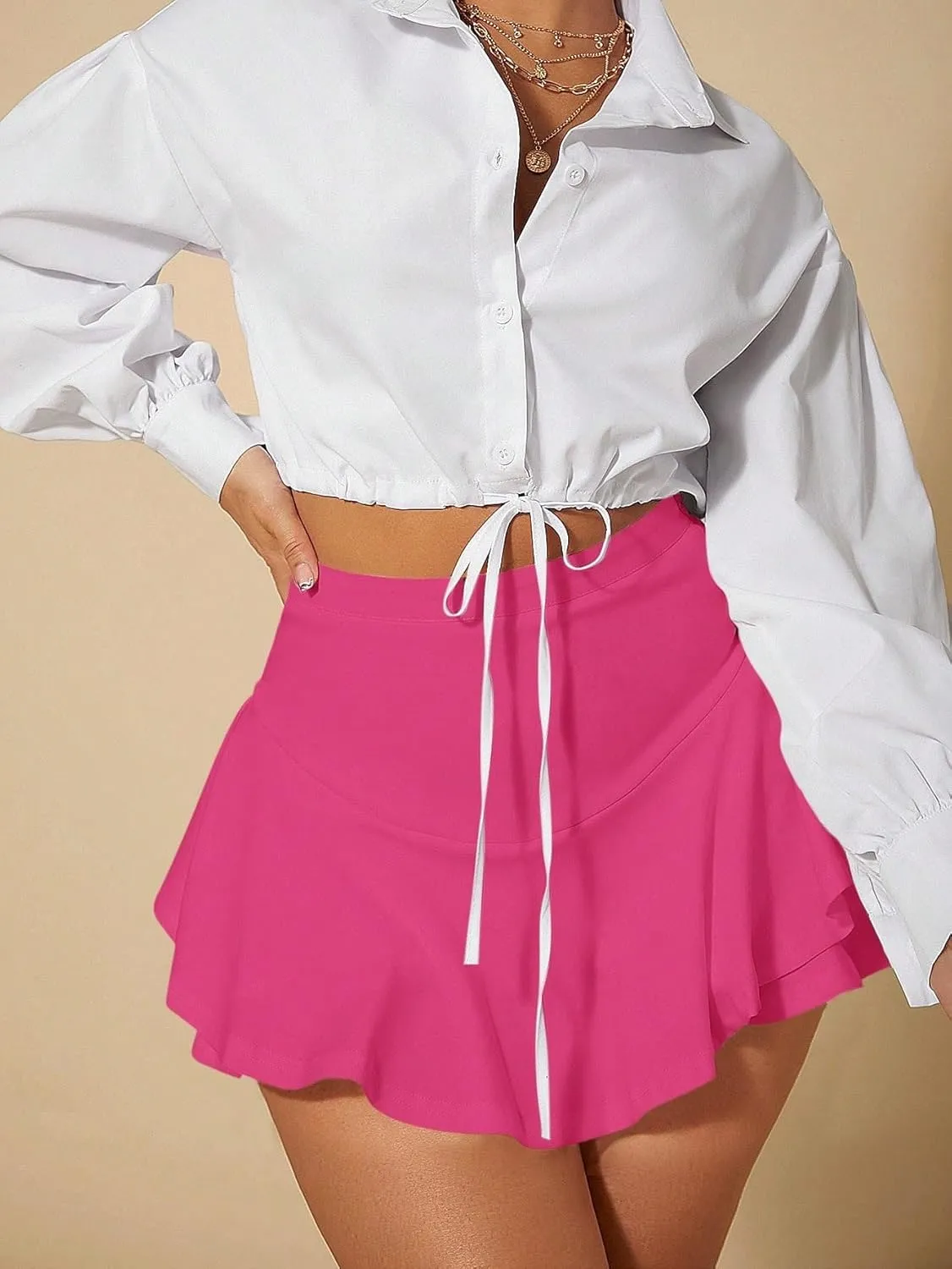 Women Summer Casual 2025 Fashion Trendy Skorts High Waist Ruffle Hem Skort