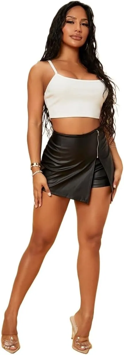 Women Summer Casual 2025 Fashion Trendy Skorts Zipper PU Leather Skort