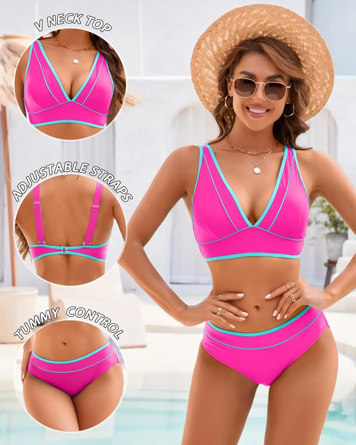Women Two Piece Swimsuit Push Up Bikini Sets Full Coverage Bathing Suit V Neck Color Block Swim Suit 2025