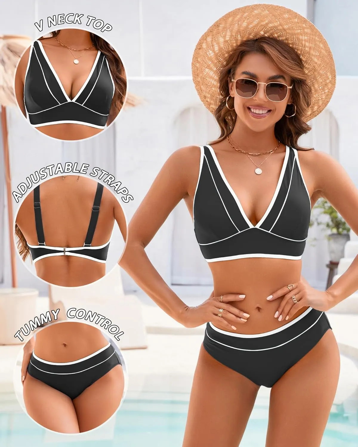 Women Two Piece Swimsuit Push Up Bikini Sets Full Coverage Bathing Suit V Neck Color Block Swim Suit 2025