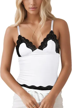 Womens Crop Cami Tops V Neck Sleeveless Lace Trim Slim Fit Y2K Going Out Night Out Tank Vest Tops