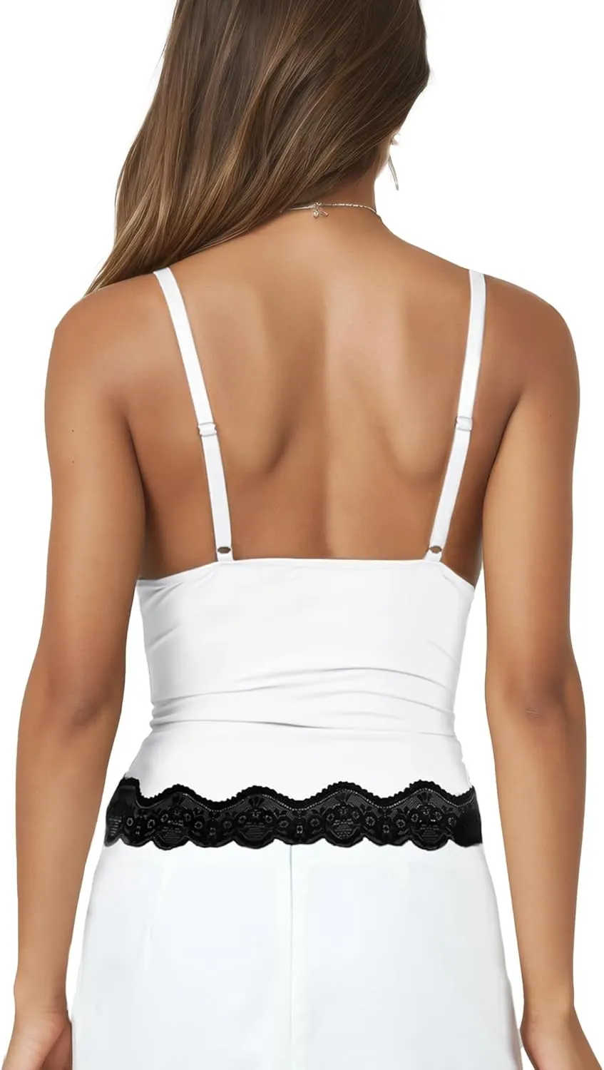 Womens Crop Cami Tops V Neck Sleeveless Lace Trim Slim Fit Y2K Going Out Night Out Tank Vest Tops