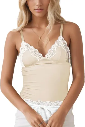 Womens Crop Cami Tops V Neck Sleeveless Lace Trim Slim Fit Y2K Going Out Night Out Tank Vest Tops