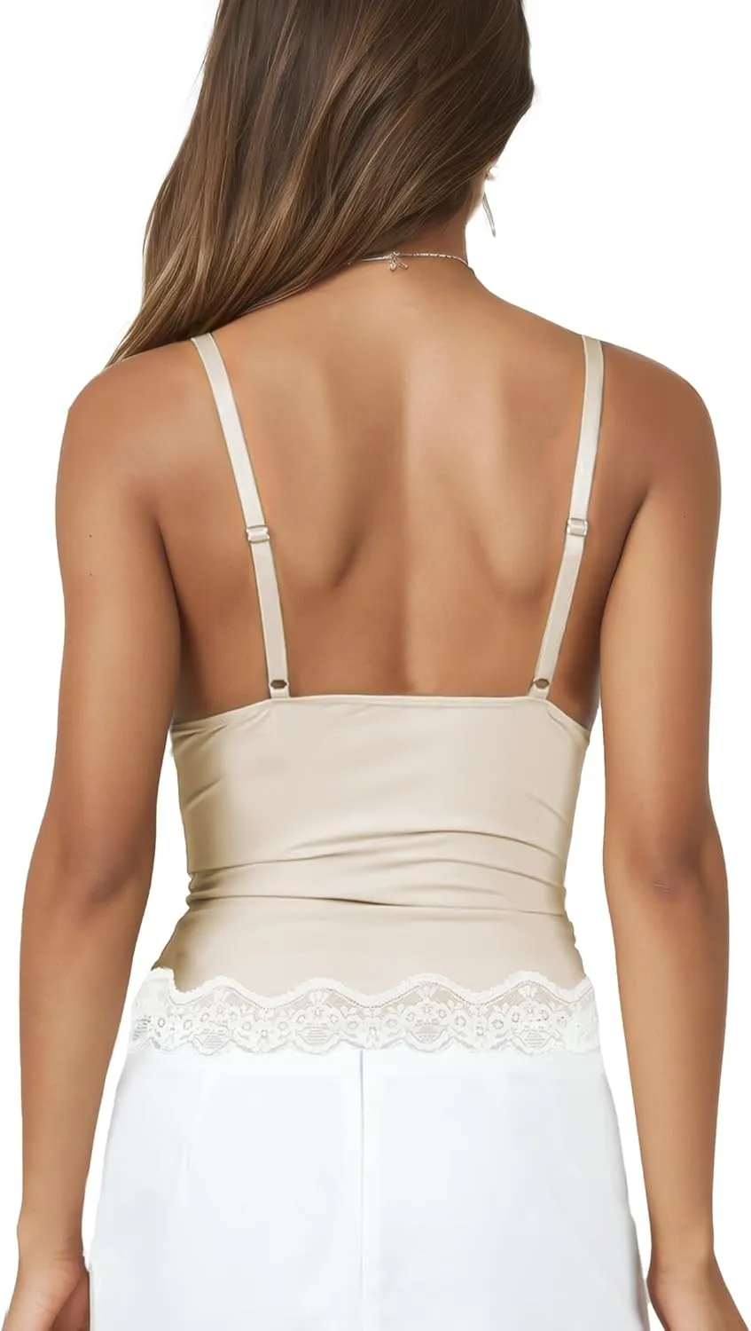 Womens Crop Cami Tops V Neck Sleeveless Lace Trim Slim Fit Y2K Going Out Night Out Tank Vest Tops