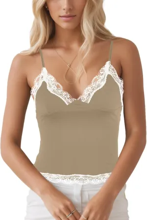 Womens Crop Cami Tops V Neck Sleeveless Lace Trim Slim Fit Y2K Going Out Night Out Tank Vest Tops