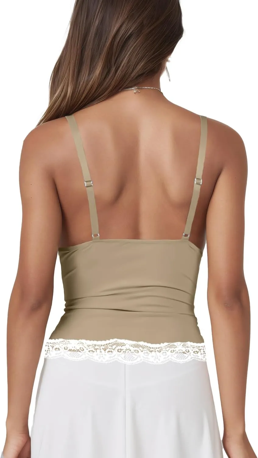 Womens Crop Cami Tops V Neck Sleeveless Lace Trim Slim Fit Y2K Going Out Night Out Tank Vest Tops