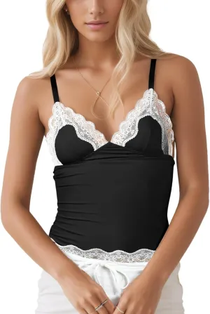 Womens Crop Cami Tops V Neck Sleeveless Lace Trim Slim Fit Y2K Going Out Night Out Tank Vest Tops