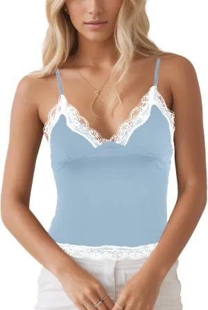 Womens Crop Cami Tops V Neck Sleeveless Lace Trim Slim Fit Y2K Going Out Night Out Tank Vest Tops