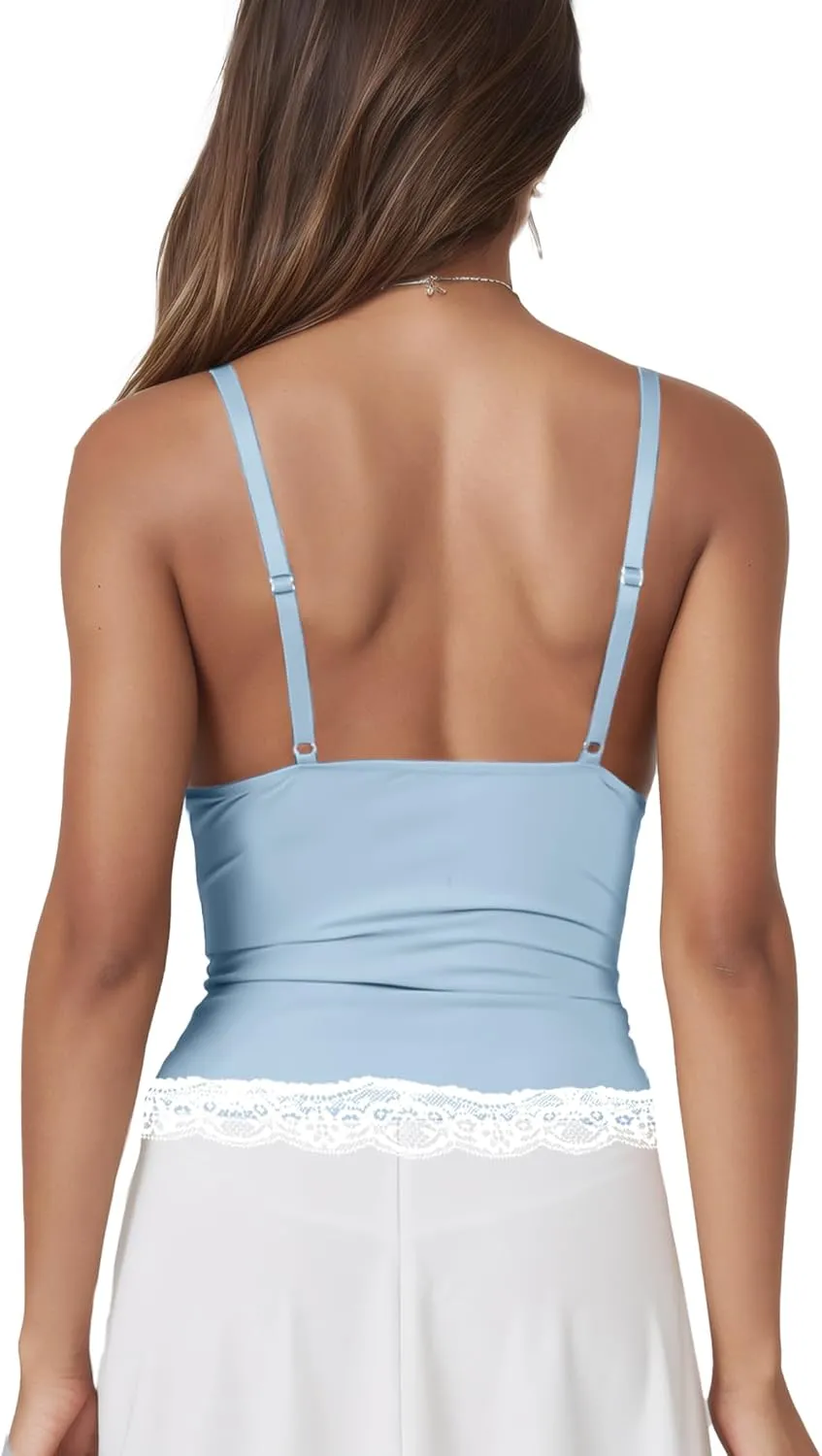 Womens Crop Cami Tops V Neck Sleeveless Lace Trim Slim Fit Y2K Going Out Night Out Tank Vest Tops