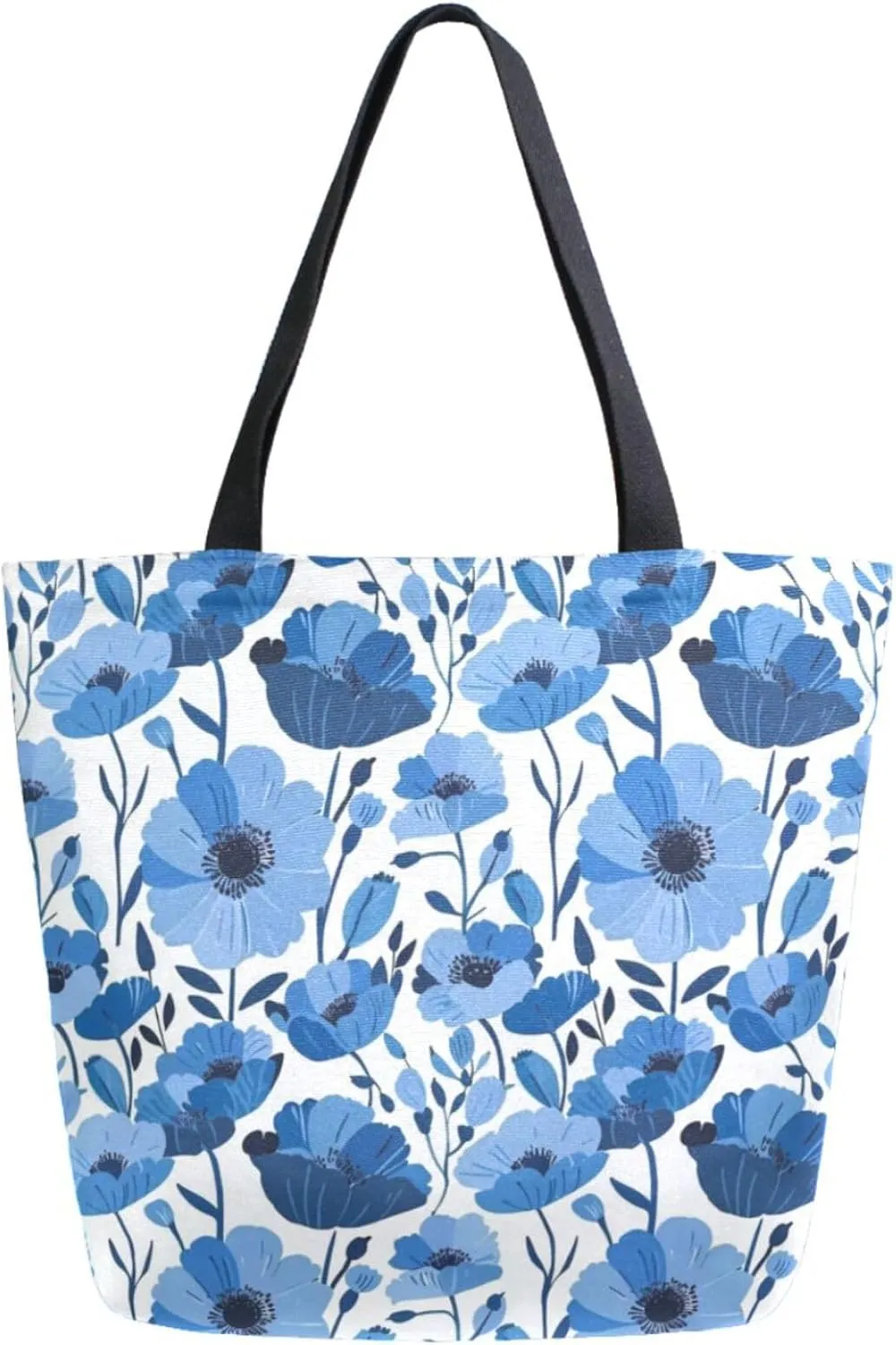 Womens Extra Large Canvas Shoulder Grocery Tote Bag, Fresh Blue Poppy Floral Pattern Durable Daily Handle Bag for Gym Yoga Weekender Picnic Beach Travel Kitchen Reusable Market Shopping