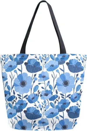 Womens Extra Large Canvas Shoulder Grocery Tote Bag, Fresh Blue Poppy Floral Pattern Durable Daily Handle Bag for Gym Yoga Weekender Picnic Beach Travel Kitchen Reusable Market Shopping