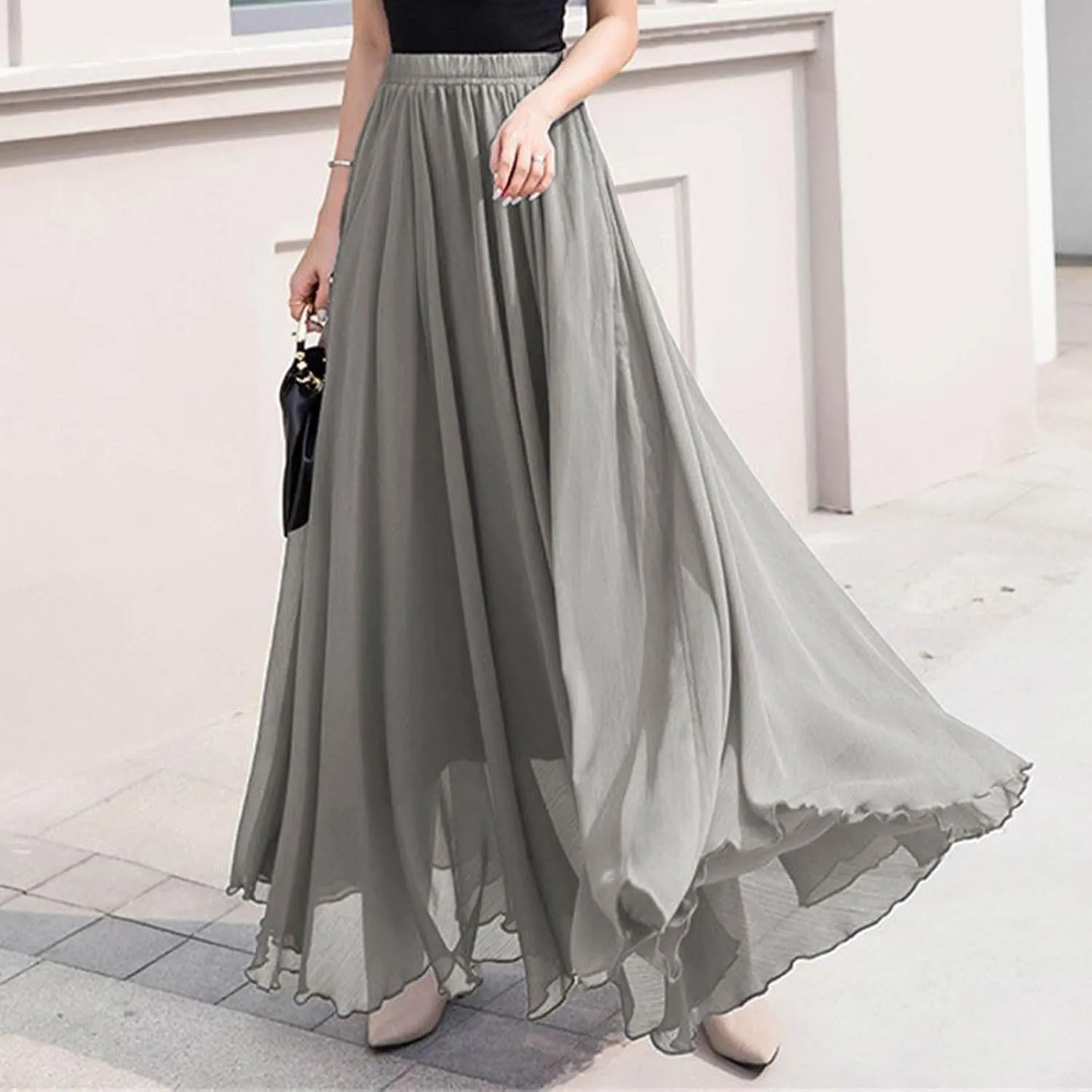 Womens Hawaiian High Cut Tropical Tiered Plain Maxi Long Loose Fit Skorts for Women Chiffon Beach Skort 2025 Y2K