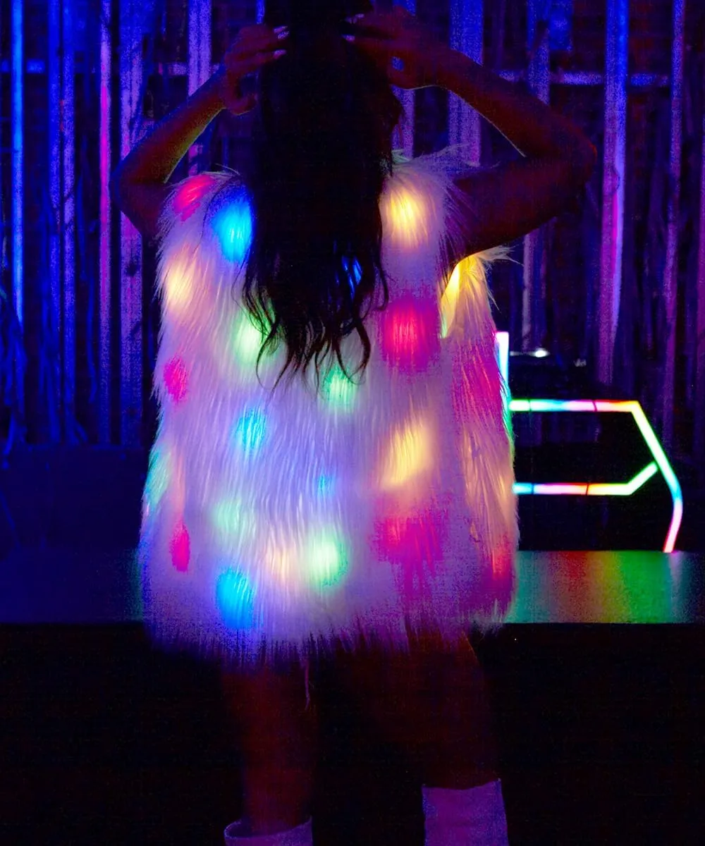 Womens LED Light Faux Fur Jacket Gilets Luminous Rave Stage Show Vest Halloween Xmas Dress Up Fancy dress