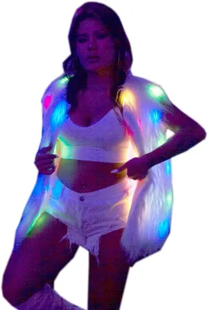 Womens LED Light Faux Fur Jacket Gilets Luminous Rave Stage Show Vest Halloween Xmas Dress Up Fancy dress