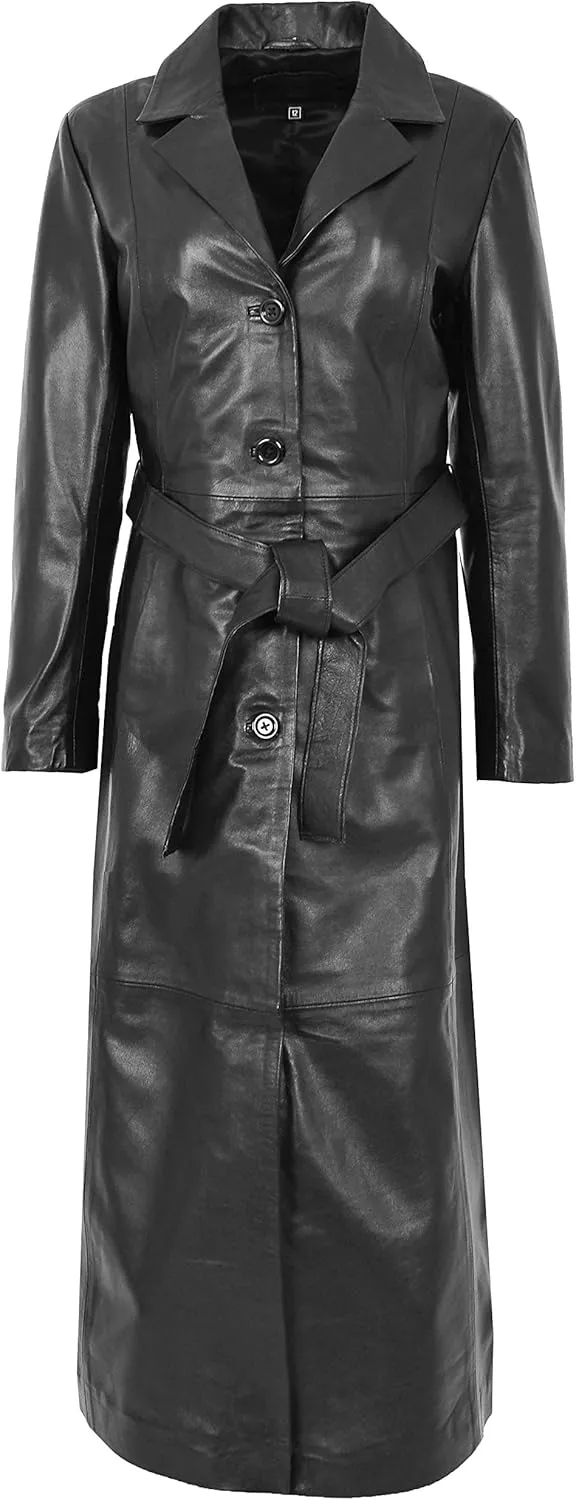 Womens Soft Black Leather Full Length Coat Ankle Long Overcoat Matrix Trench Foxy