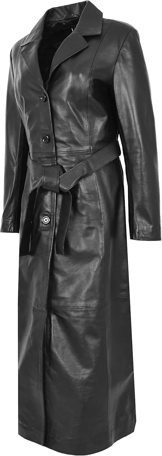 Womens Soft Black Leather Full Length Coat Ankle Long Overcoat Matrix Trench Foxy