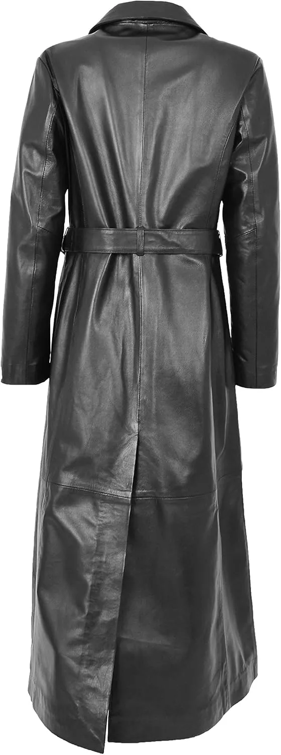 Womens Soft Black Leather Full Length Coat Ankle Long Overcoat Matrix Trench Foxy