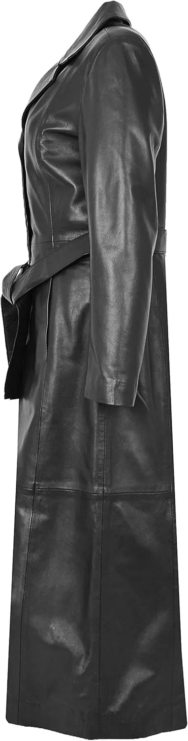 Womens Soft Black Leather Full Length Coat Ankle Long Overcoat Matrix Trench Foxy