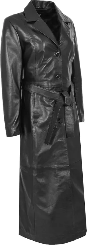 Womens Soft Black Leather Full Length Coat Ankle Long Overcoat Matrix Trench Foxy