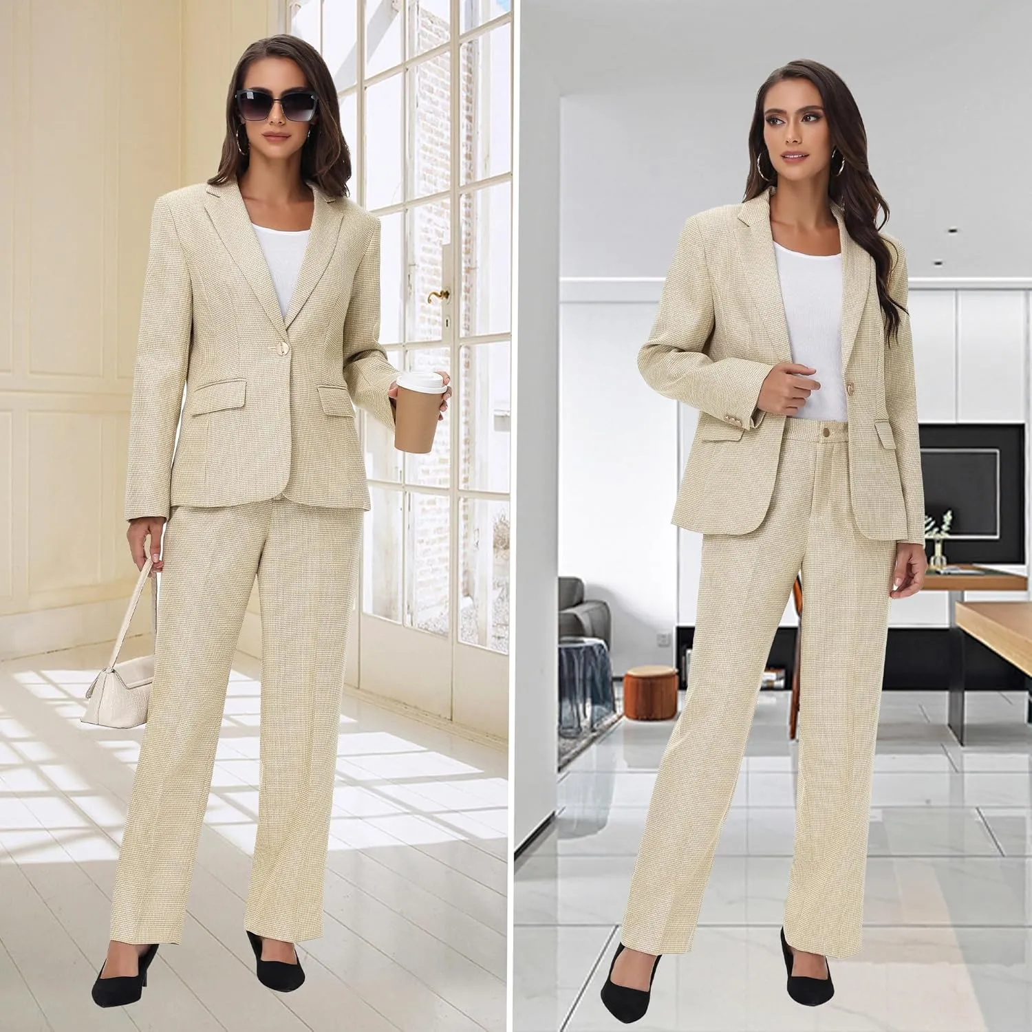 Women's Suit 2 Piece Set Business Pants Suit for Women Pinstripe Houndstooth Blazer