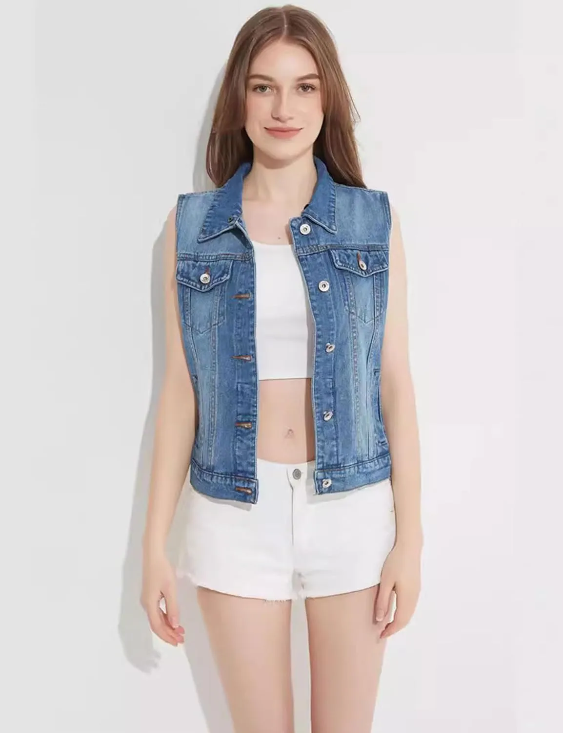 Women's Vintage Casual Slim Sleeveless Denim Jean Cropped Vest Jacket Waistcoat With Detachable Hood