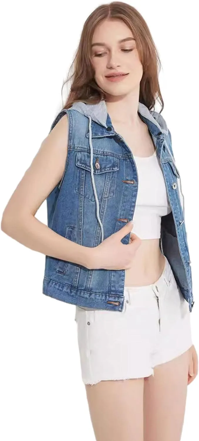 Women's Vintage Casual Slim Sleeveless Denim Jean Cropped Vest Jacket Waistcoat With Detachable Hood