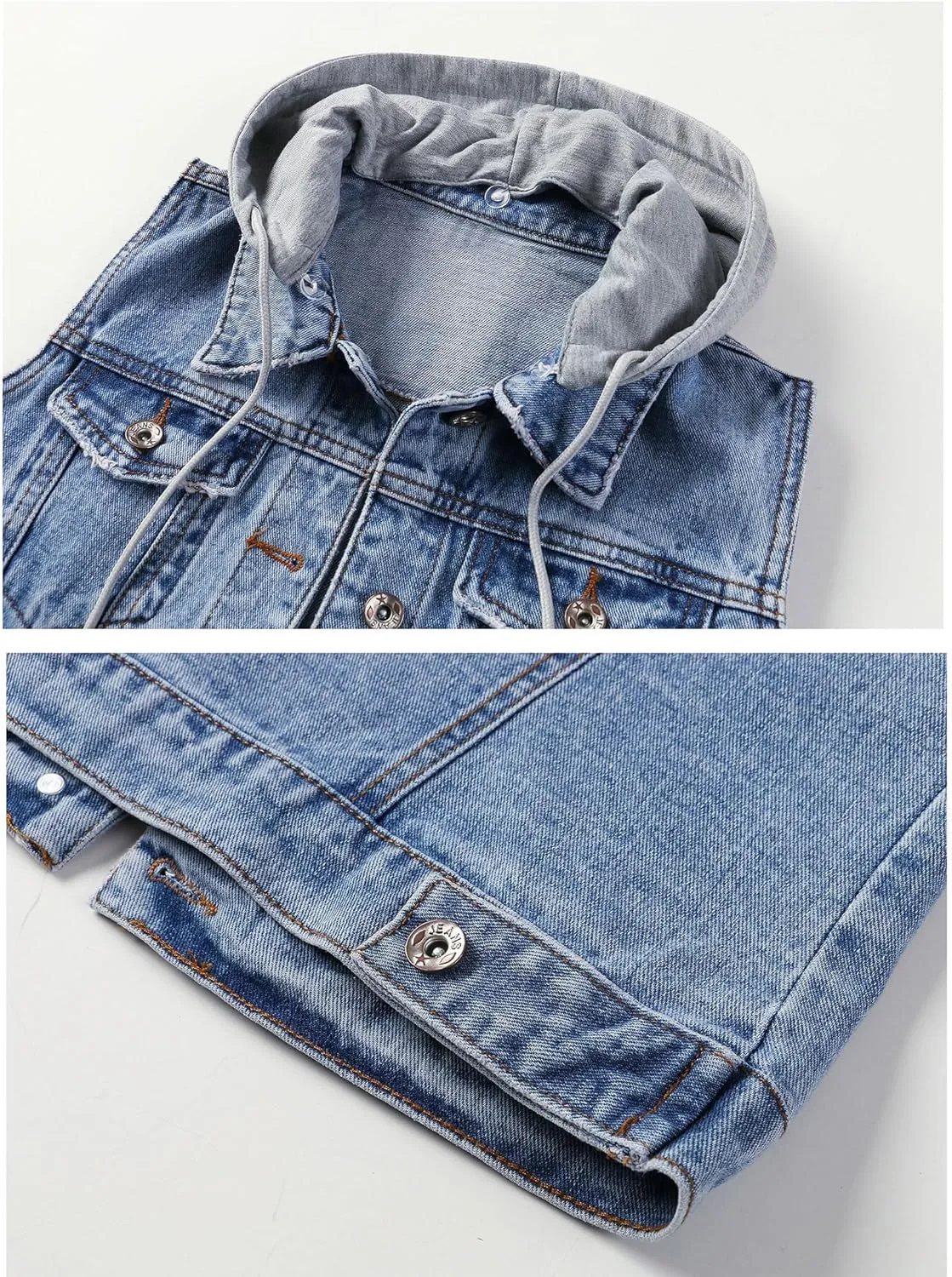 Women's Vintage Casual Slim Sleeveless Denim Jean Cropped Vest Jacket Waistcoat With Detachable Hood