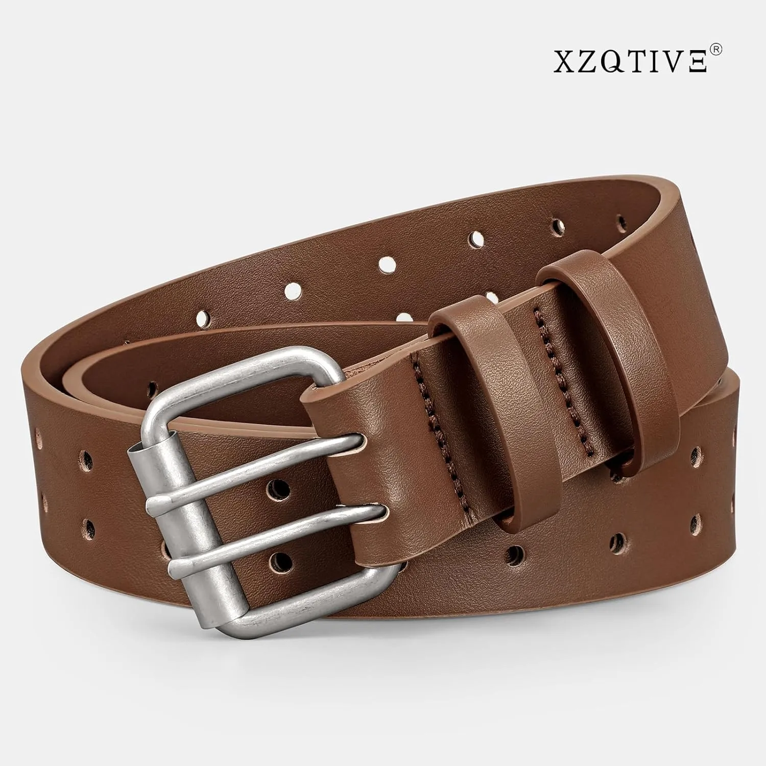 XZQTIVE Men Dual Holes Belt For Jean Pant Casual Leather Belts With Double Prong Buckle