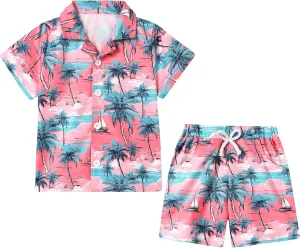 YUEMION Boys Hawaiian Outfit 2Pcs Set Summer Beach Button-Down Shirt Top   Shorts for Kids 2-9 Years