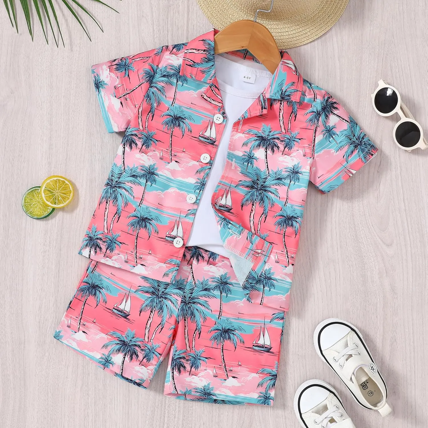 YUEMION Boys Hawaiian Outfit 2Pcs Set Summer Beach Button-Down Shirt Top   Shorts for Kids 2-9 Years