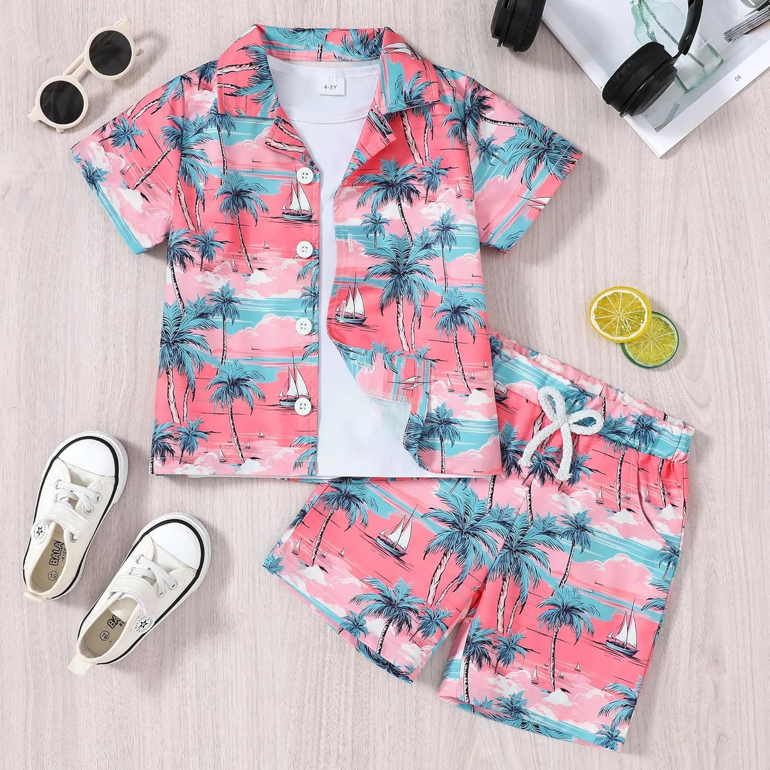 YUEMION Boys Hawaiian Outfit 2Pcs Set Summer Beach Button-Down Shirt Top   Shorts for Kids 2-9 Years