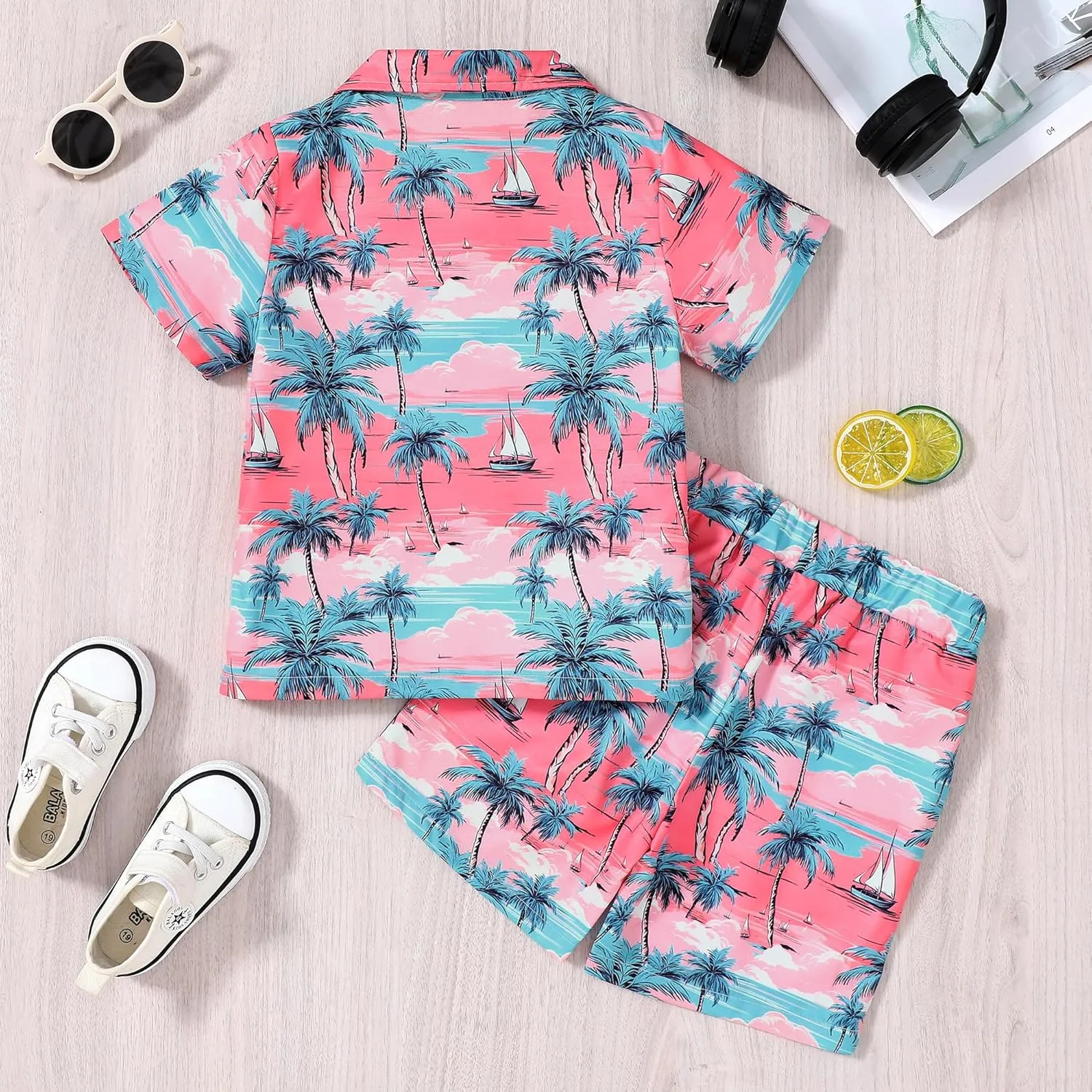 YUEMION Boys Hawaiian Outfit 2Pcs Set Summer Beach Button-Down Shirt Top   Shorts for Kids 2-9 Years