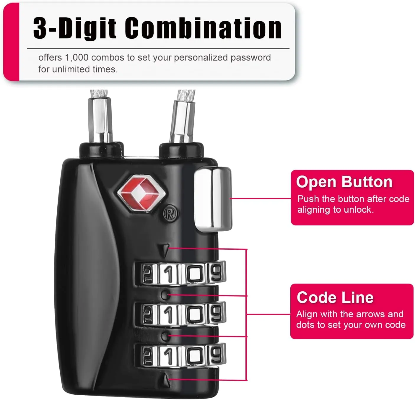 ZHEGE TSA Luggage Lock 2 Pack, 3 Digit Small Combination Padlock for Travel (Black & Red)